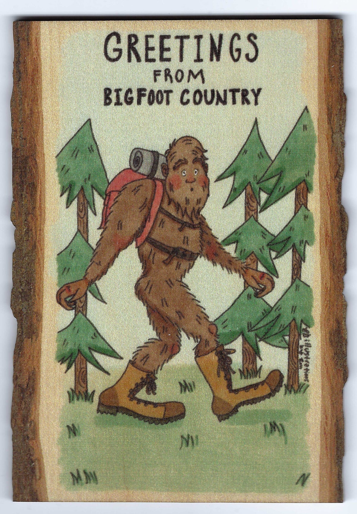 Greetings from Bigfoot Country postcard with Sasquatch in a forest setting.