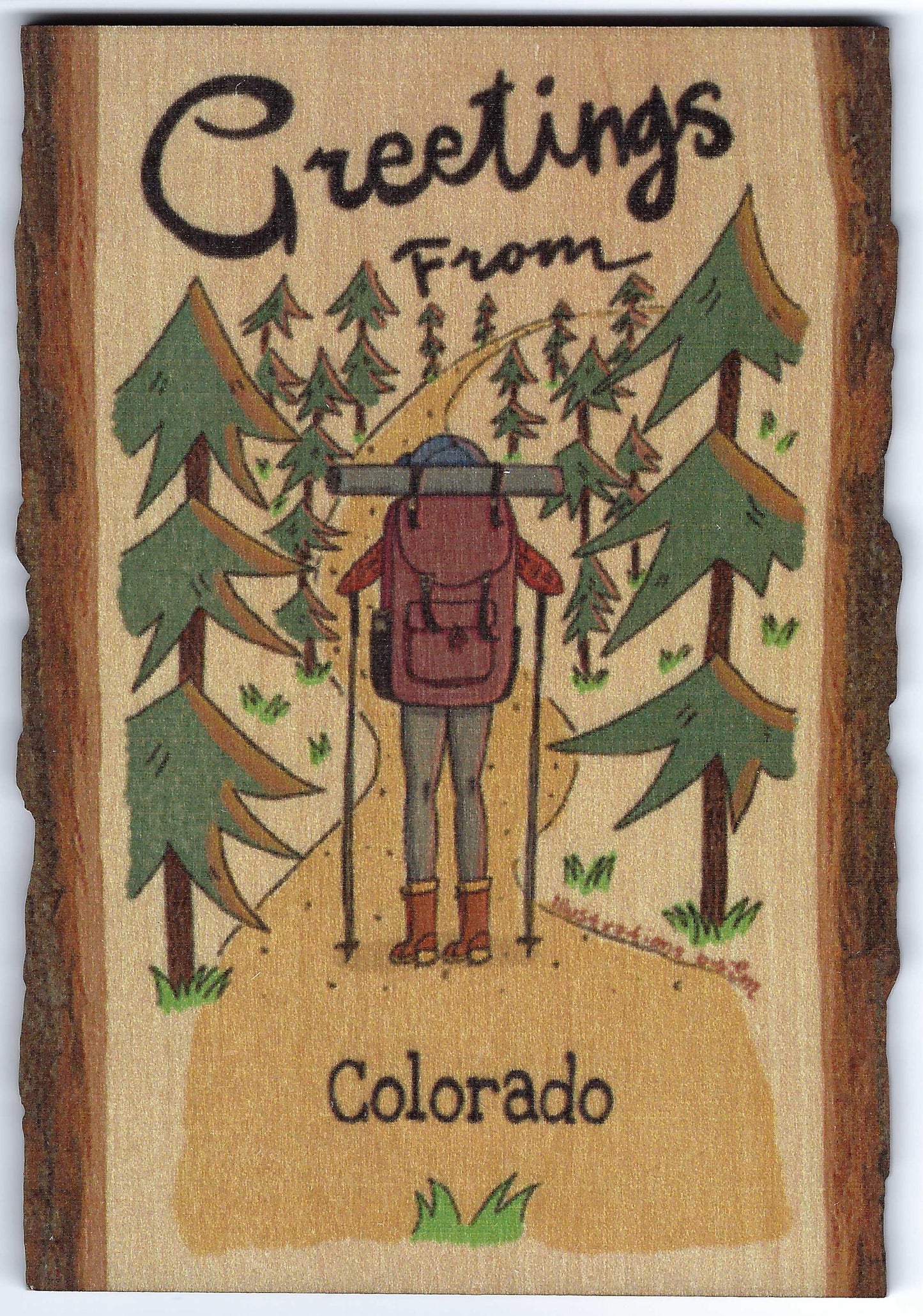 Wooden postcard with a hiker and trees, featuring 'Greetings From Colorado' by DaydreamHQ