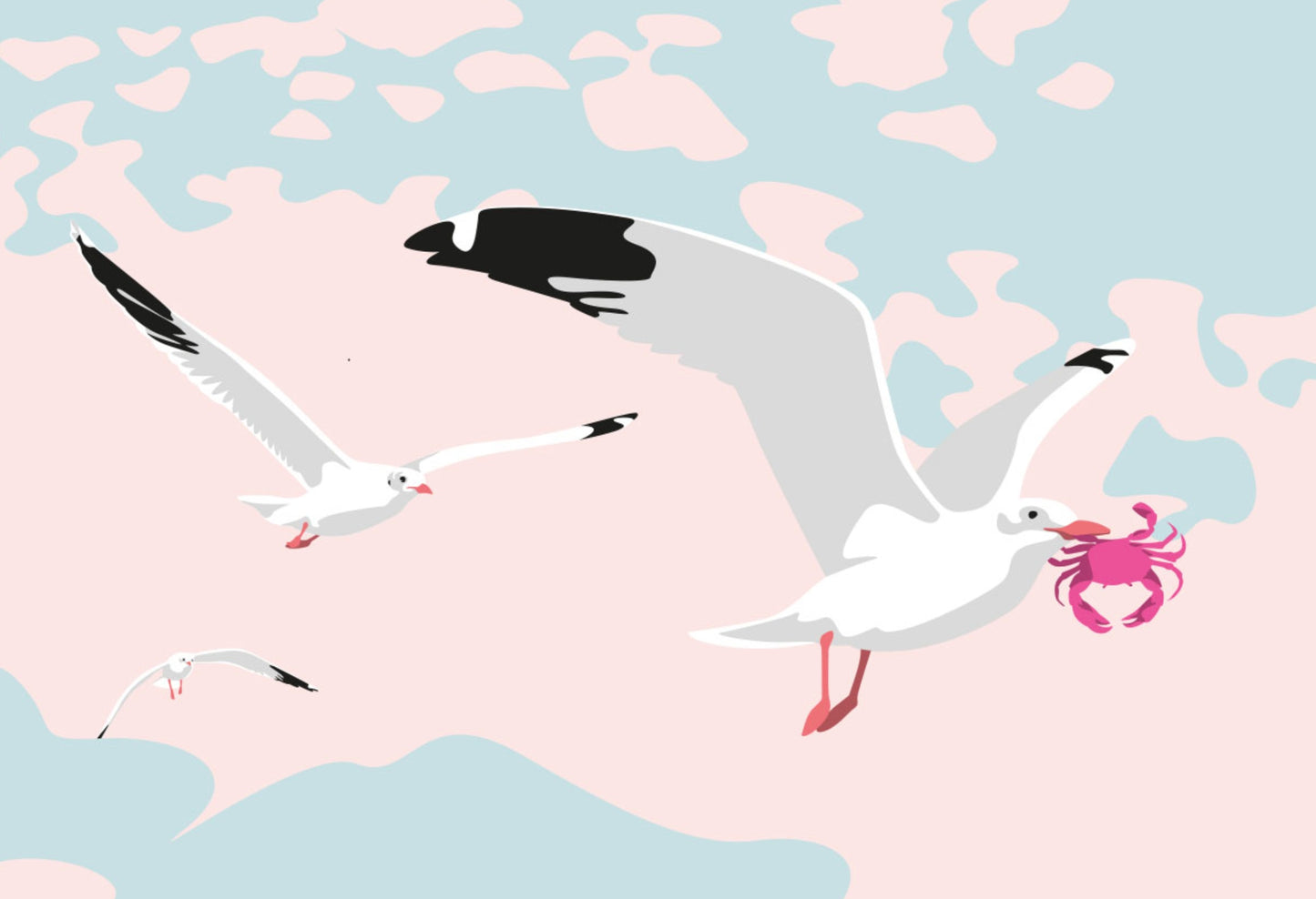 Gulls Postcard by Nobis Design featuring three white seagulls flying over a pastel pink and light blue background, with one gull holding a pink crab.