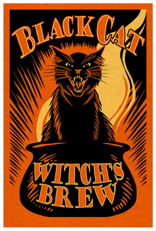 Lantern Press Halloween Postcard featuring a Vintage-style postcard with a black cat in a pot labeled 'Witch's Brew' on an orange background.
