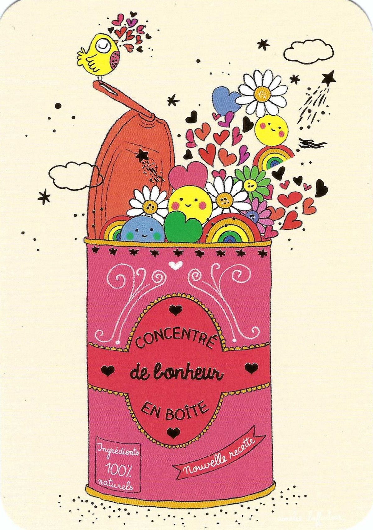 Happiness Concentrate Postcard by Cartes d'Art featuring a pink can labeled 'Concentre de bonheur EN BOITE' with a small bird perched on top, flowers, hearts, stars, sun, and a rainbow spilling colorful contents on a cream background.