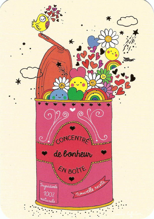 Happiness Concentrate Postcard by Cartes d'Art featuring a pink can labeled 'Concentre de bonheur EN BOITE' with a small bird perched on top, flowers, hearts, stars, sun, and a rainbow spilling colorful contents on a cream background.