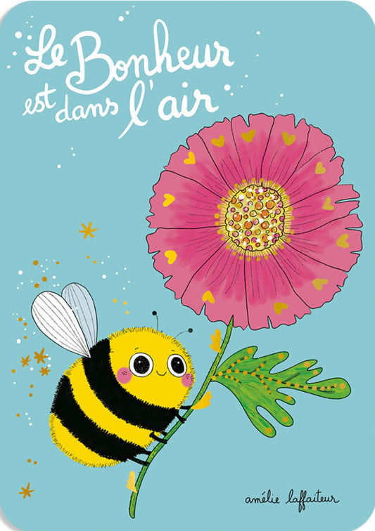 Postcard by Cartes d'Art featuring an illustration of a bee and a pink flower with 'Le Bonheur est dans l'air' text on a blue background.