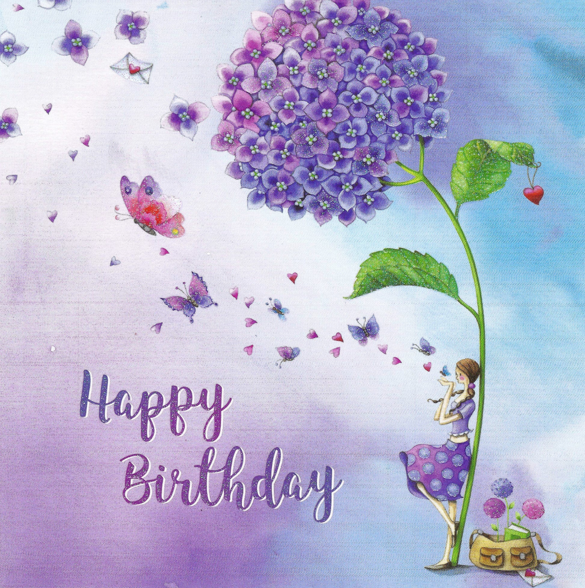 Happy Birthday Postcard by Nina Chen - Edition Gollong featuring a girl, with a purple hydrangea flower, and butterflies