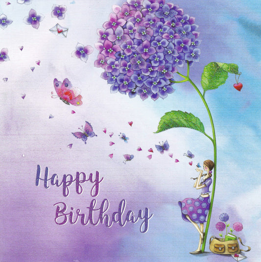 Happy Birthday Postcard by Nina Chen - Edition Gollong featuring a girl, with a purple hydrangea flower, and butterflies