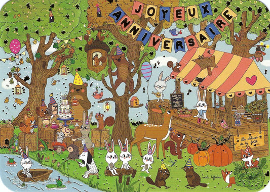 Happy Birthday Postcard by Cartes d'Art showing a colorful illustrated scene with woodland animals celebrating a birthday, including a deer, rabbits, squirrels, and a dog, with pumpkins, a striped market stall, balloons, and a banner reading “Joyeux Anniversaire.”.
