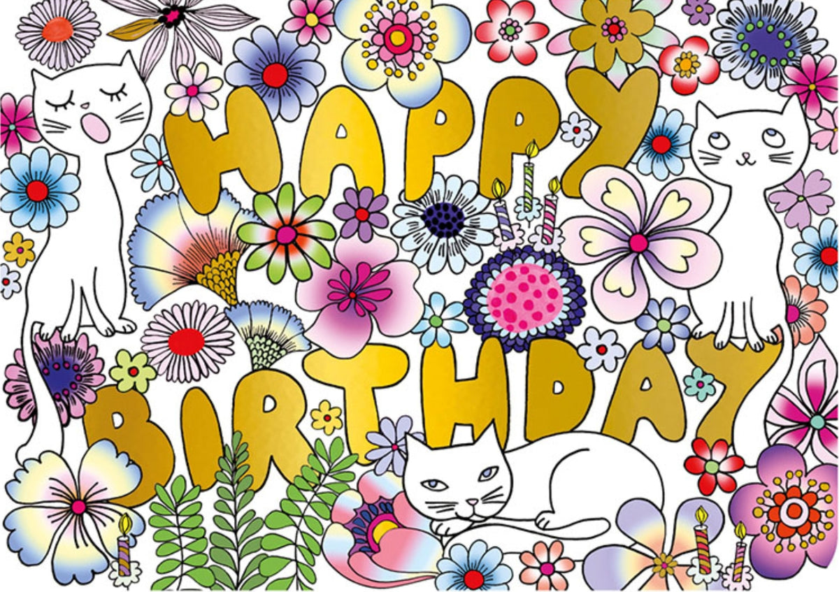 Happy Birthday Cats Postcard by Cartes d'Art featuring playful white cats, stylized flowers, and candles on a white background with gold text saying Happy Birthday
