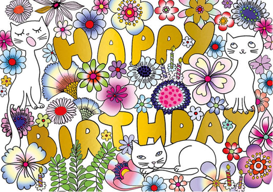 Happy Birthday Cats Postcard by Cartes d'Art featuring playful white cats, stylized flowers, and candles on a white background with gold text saying Happy Birthday