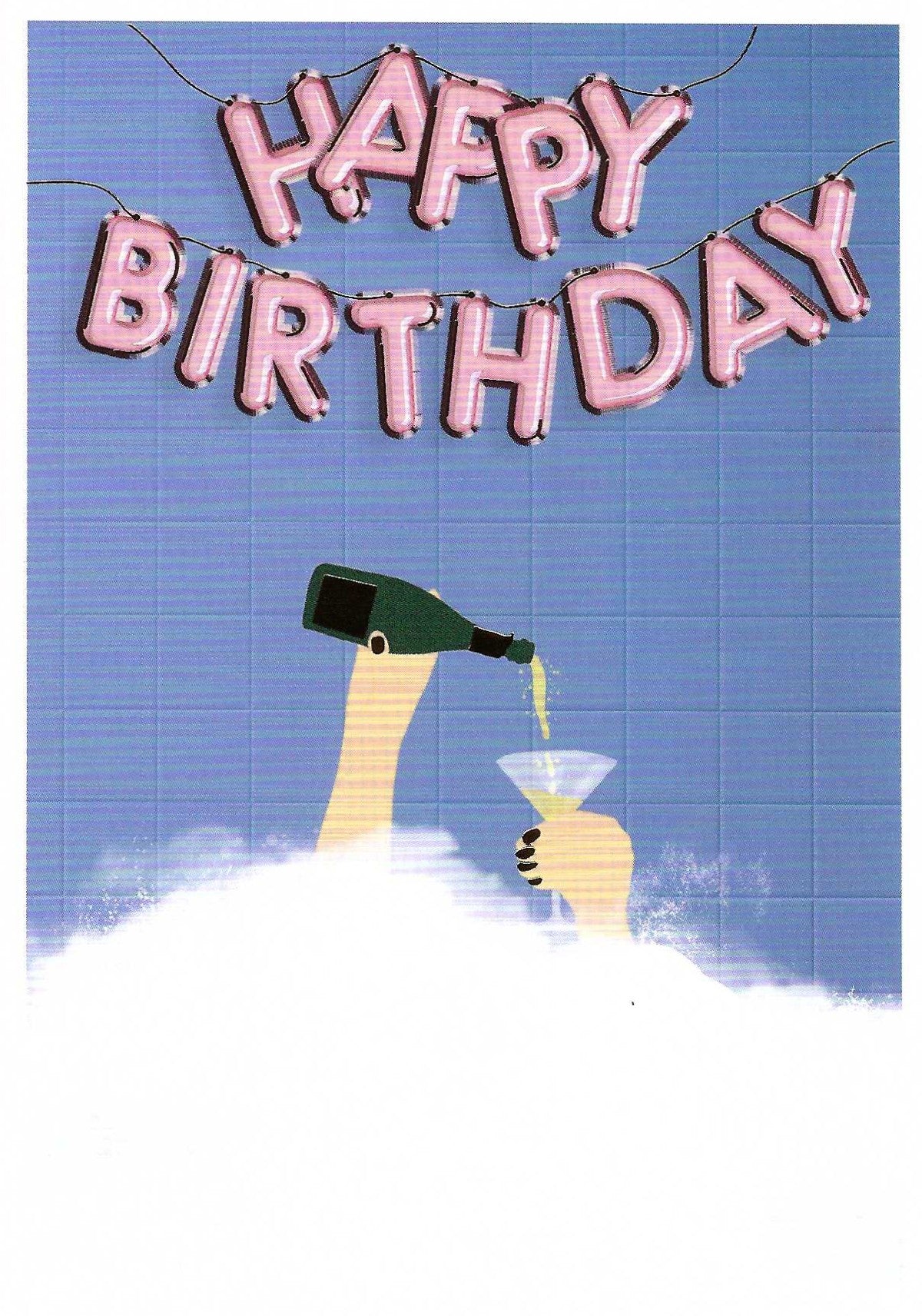 Happy Birthday Postcard - Champagne and Bubble Bath by Editor - Art of Emotion featuring a peson taking a bubble bath with champagne with 'Happy Birthday' balloons against a blue grid background