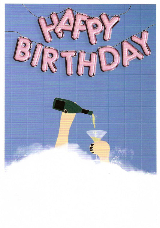 Happy Birthday Postcard - Champagne and Bubble Bath by Editor - Art of Emotion featuring a peson taking a bubble bath with champagne with 'Happy Birthday' balloons against a blue grid background