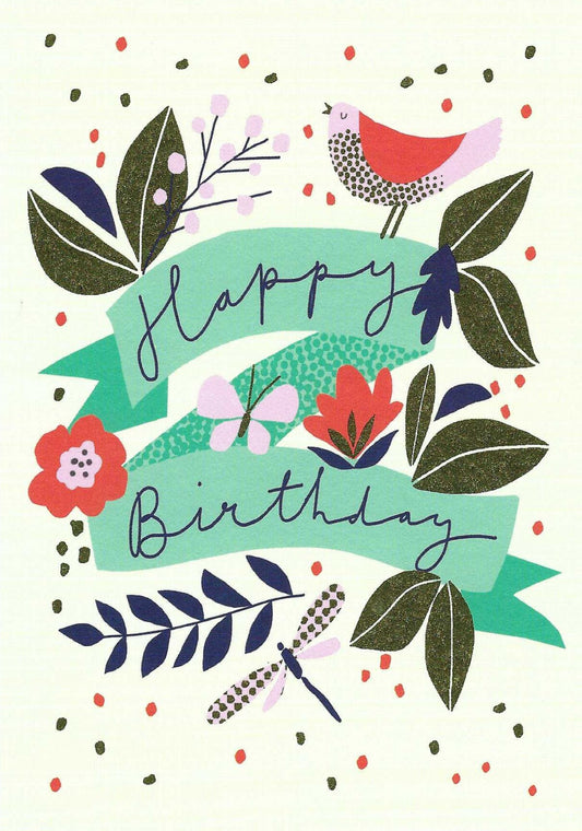 Happy Birthday Postcard by Skowronski and Koch featuring floral elements and 'Happy Birthday' text with gold foil details