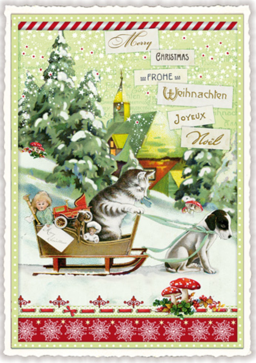 Happy Christmas Cat and Dog Postcard by Edition Tausendschön featuring a snowy winter scene with a gray cat in a sled being pulled by a black-and-white dog, evergreen trees and multilingual holiday greetings written on the card.