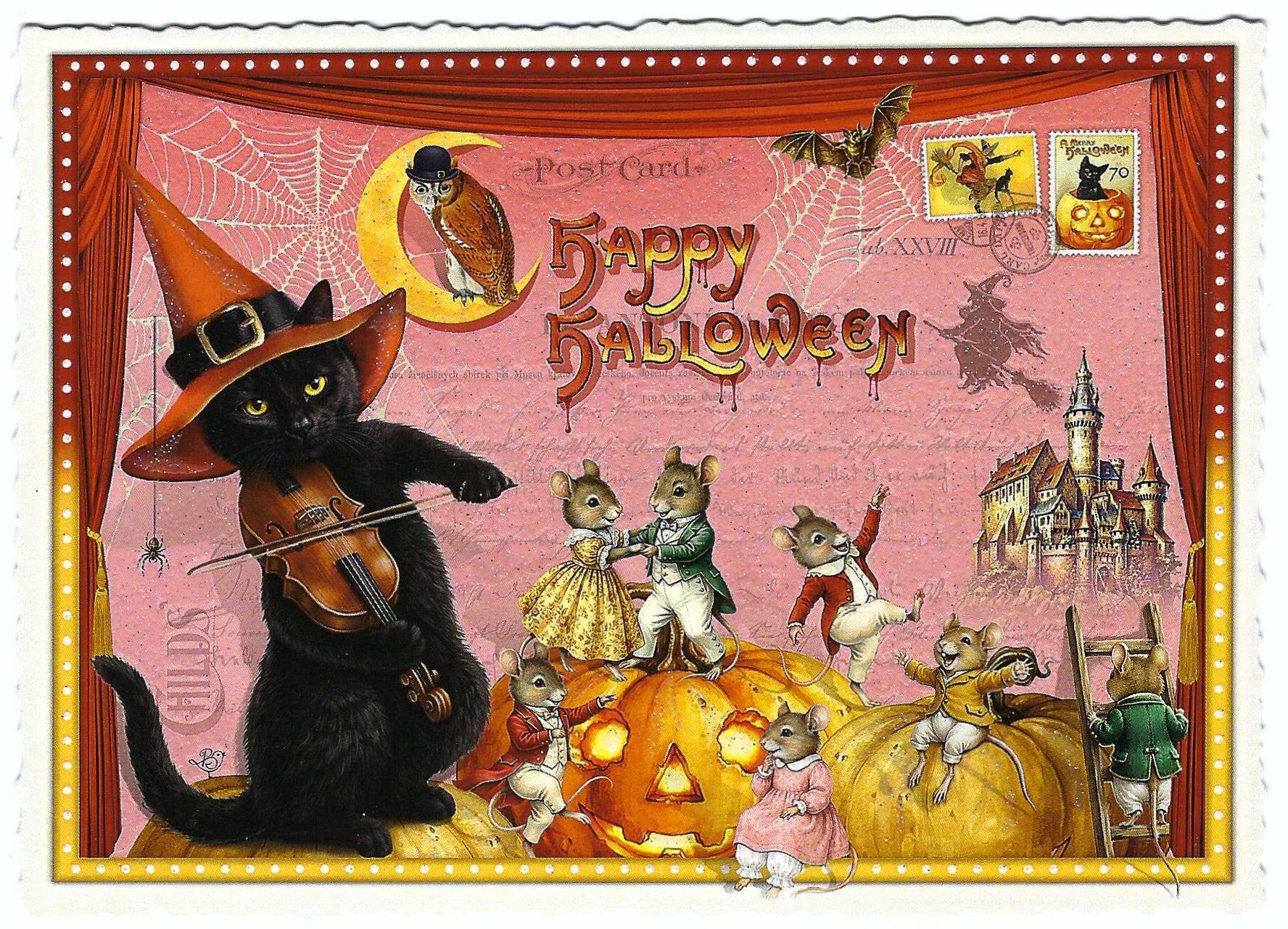 Happy Halloween Postcard by Barbara Behr - Edition Wundersam No. 37 featuring a black cat in a witch hat playing a violin, mice around jack-o'-lanterns, a witch flying a broom, a castle, an owl on a crescent moon, and the text 'Happy Halloween.'.
