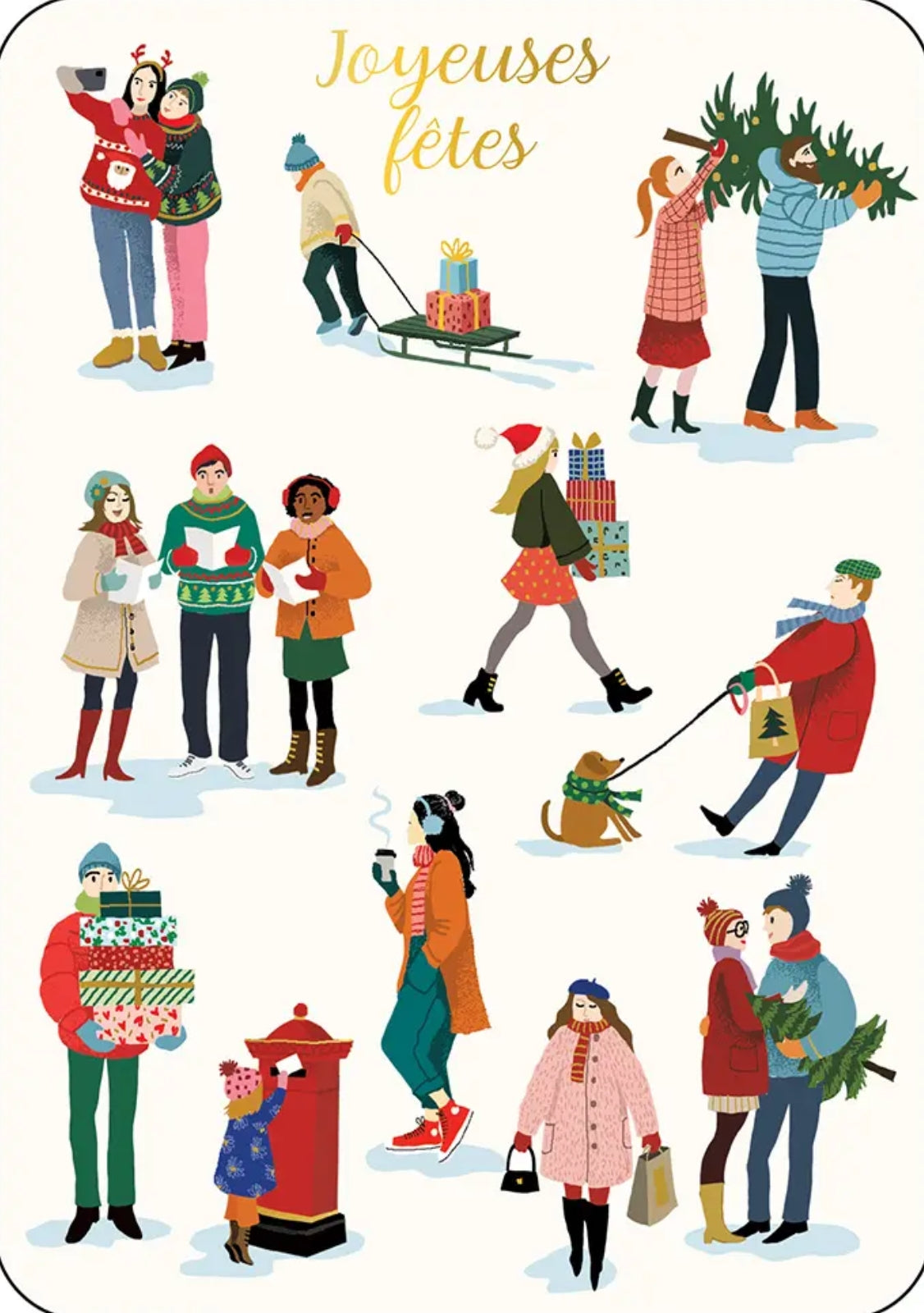 Happy Holidays Postcard by Cartes d'Art featuring an illustrated collage with the words “Joyeuses Fétes” at the top, showing multiple people in winter clothing celebrating Christmas, including carrying a Christmas tree, stacking presents, walking a dog, and standing together outdoors on a cream background.