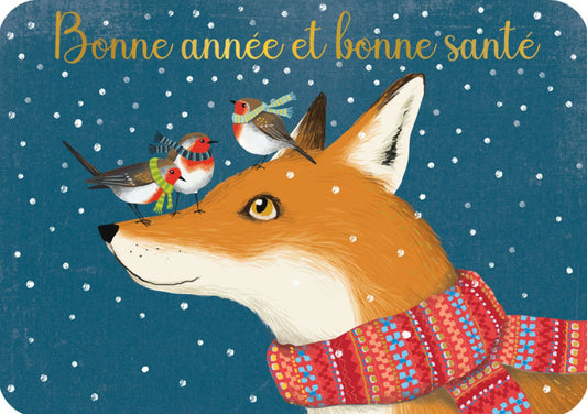 Happy New Year Fox Postcard by Cartes d'Art featuring a fox wearing a red patterned knit scarf, with three small birds on its head against a snowy blue background. Gold script text at the top reads 'Bonne année et bonne santé'.