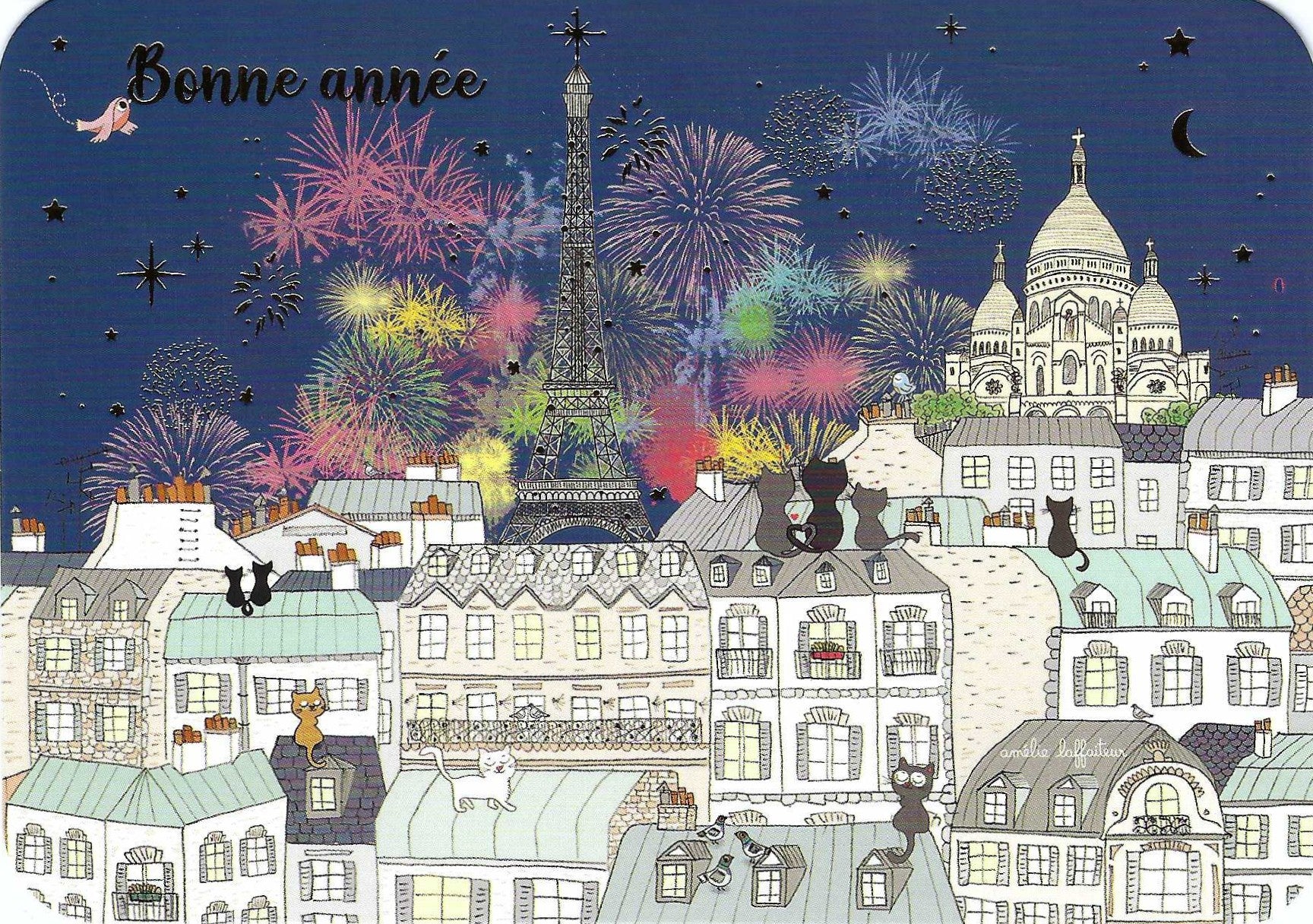 Happy New Year Postcard by Cartes d'Art featuring an illustration of a Parisian scene with fireworks, Eiffel Tower, and Montmartre and cats watching from Paris rooftops.