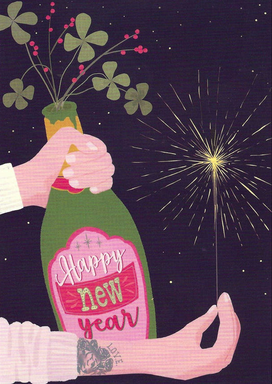 Happy New Year Postcard by Nobis Design featuring an illustration of hands holding a 'Happy New Year' bottle with a sparkler and lucky clovers