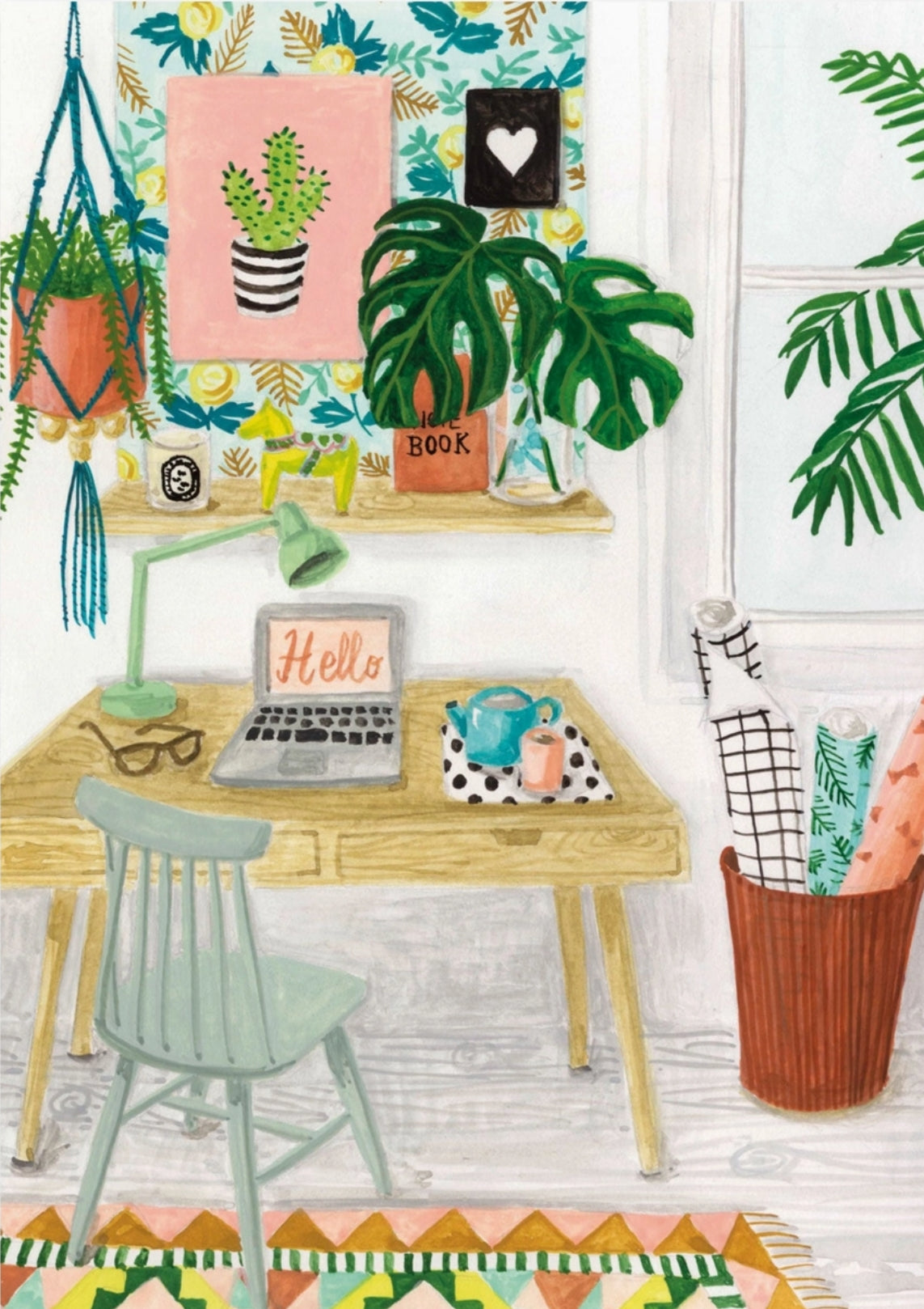 Happy Place Postcard by Mélanie Voituriez featuring  a desk, chair, plants, and wall art.