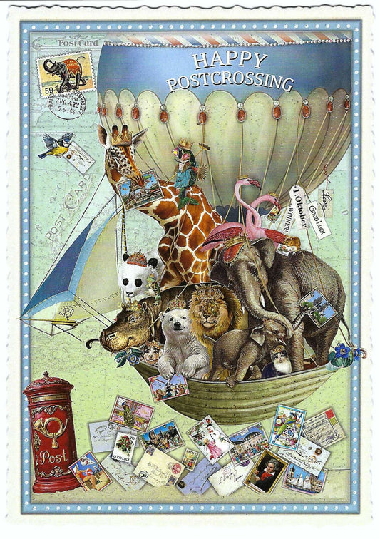Happy Postcrossing Postcard by Barbara Behr - Edition Wundersam No. 38 featuring an illustrated scene of animals in a hot air balloon, with the text 'HAPPY POSTCROSSING' at the top and a red postbox at the lower left.