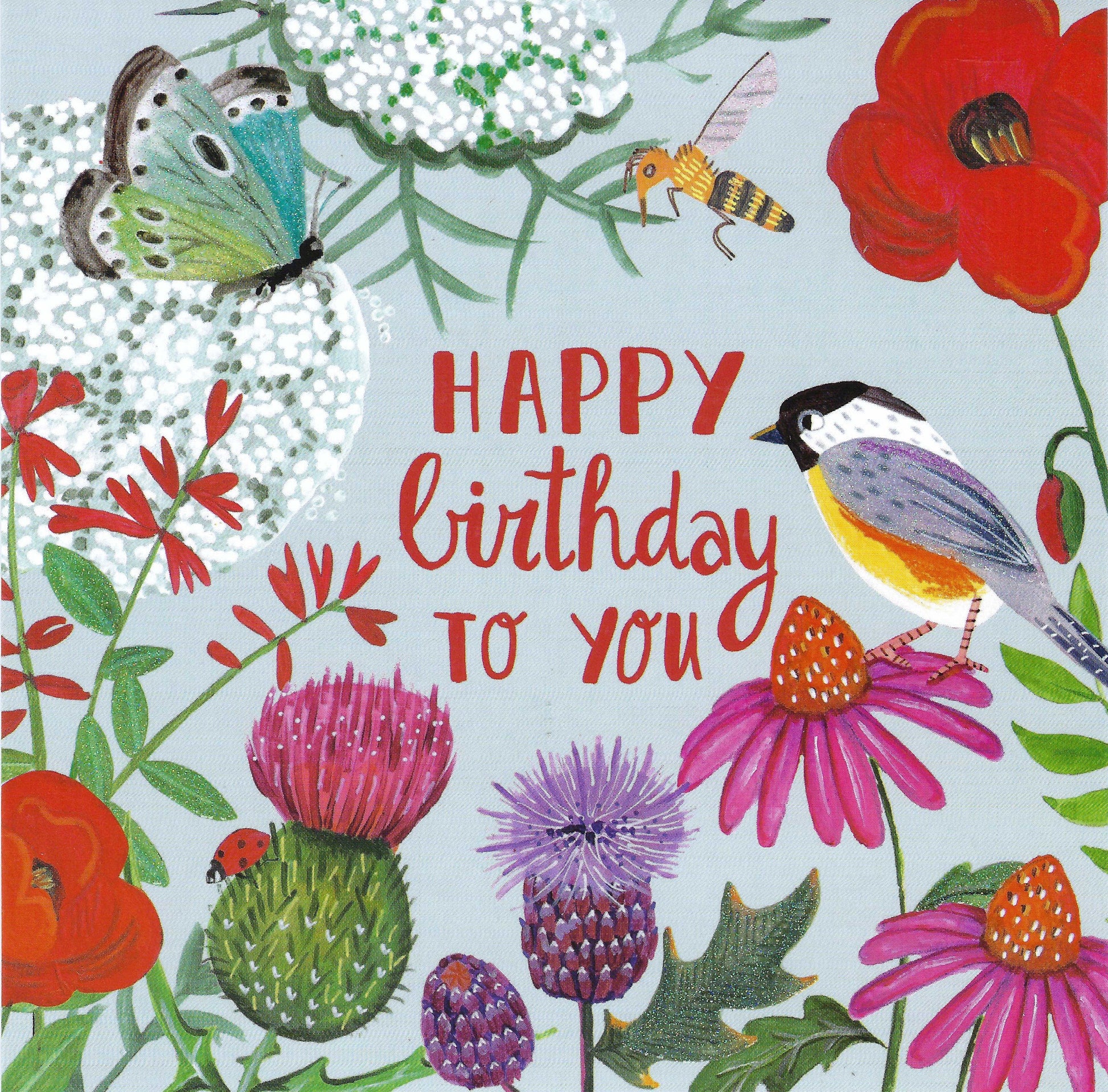 Happy Birthday Postcard by Caroline Bonne Müller with butterfly, bee, bird and flowers