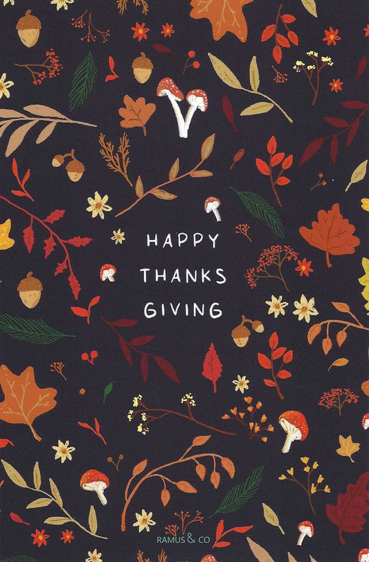 Happy Thanksgiving Postcard by Ramus & Company featuring colorful leaves, acorns, mushrooms, and the words 'Happy Thanks Giving'