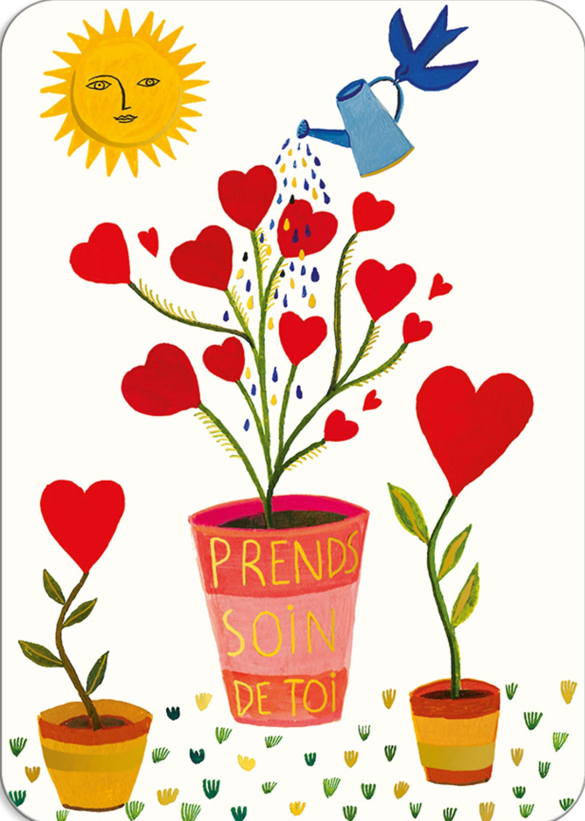 Cartes d'Art postcard featuring an illustration of heart-shaped plants with pots and a sun and bird