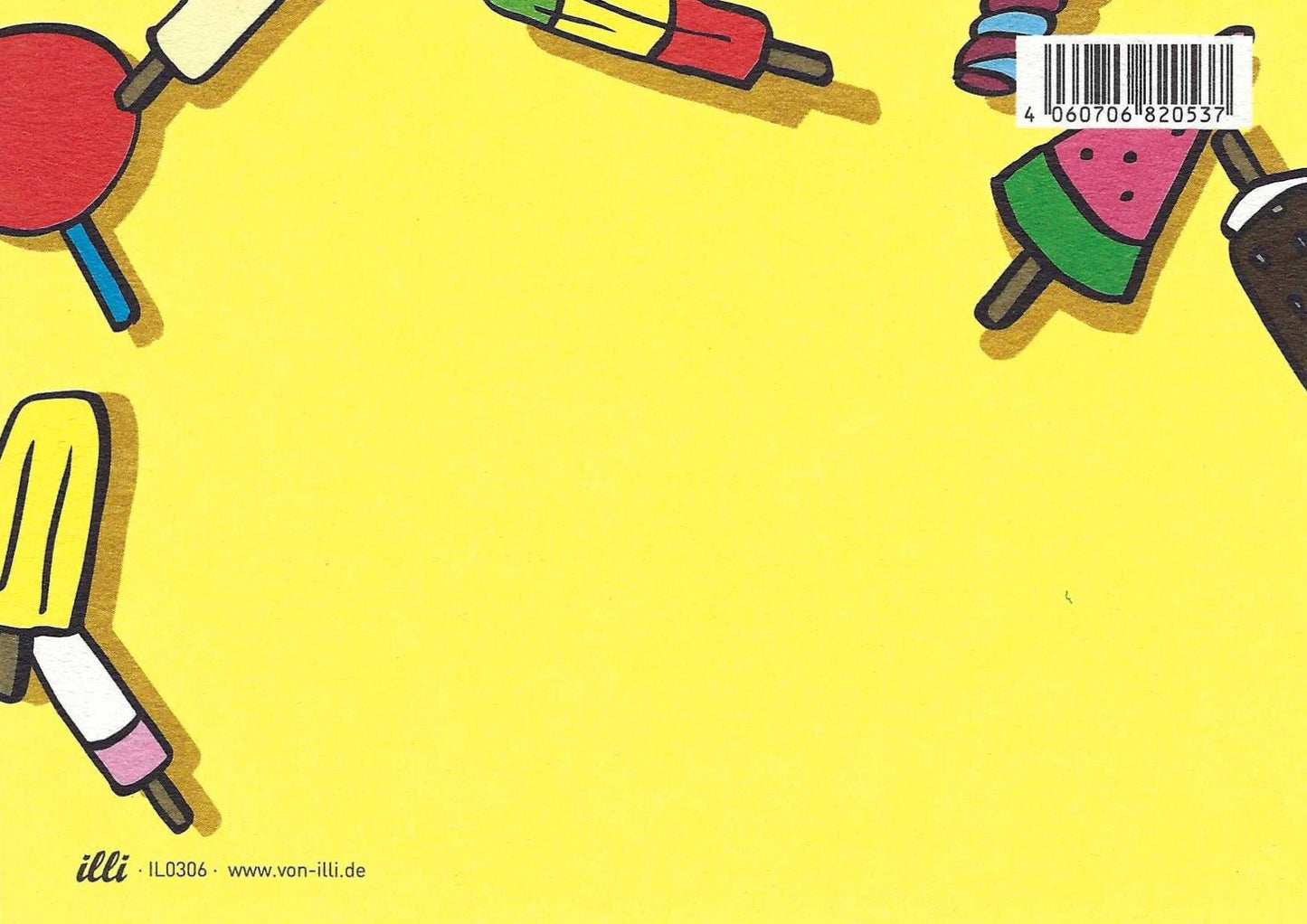 Hielo Ice Cream Postcard Back by Nobis Design featuring colorful popsicles and ice cream bars on a yellow background with a barcode.
