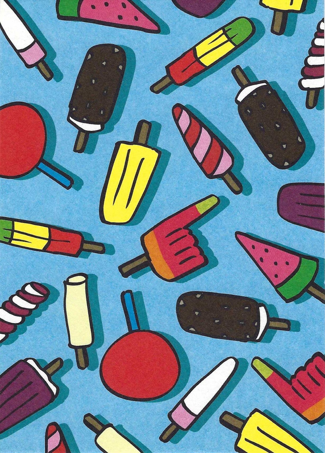 Hielo Ice Cream Postcard by Nobis Design featuring colorful popsicles and ice cream bars on a blue background