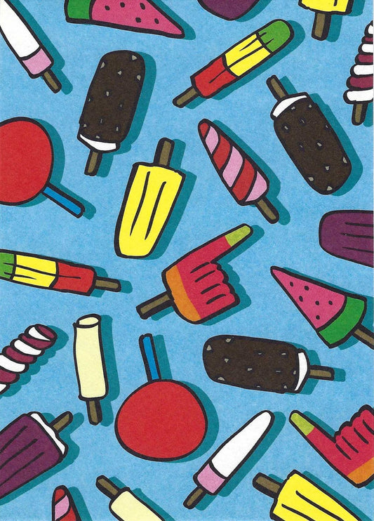 Hielo Ice Cream Postcard by Nobis Design featuring colorful popsicles and ice cream bars on a blue background