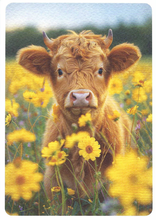 Highland Cow Postcard featuring a calf in a field of yellow flowers with a blurred background