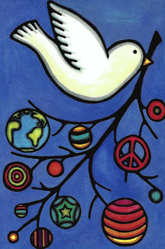 Holiday Dove Postcard by Sarah Angst Art featuring bold illustration with vibrant colors ideal for Postcrossing, swaps, and art lovers