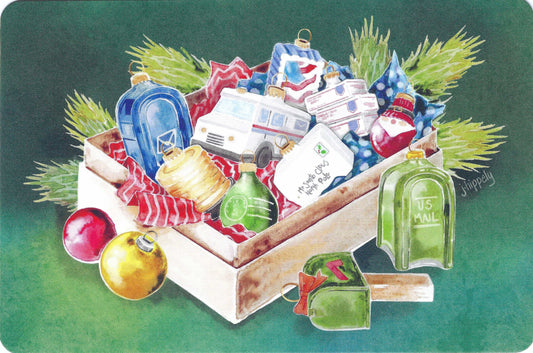 Holiday Memories Mail Ornaments by FoxFern Studios featuring a box filled with postal-related Christmas ornaments on a green background.