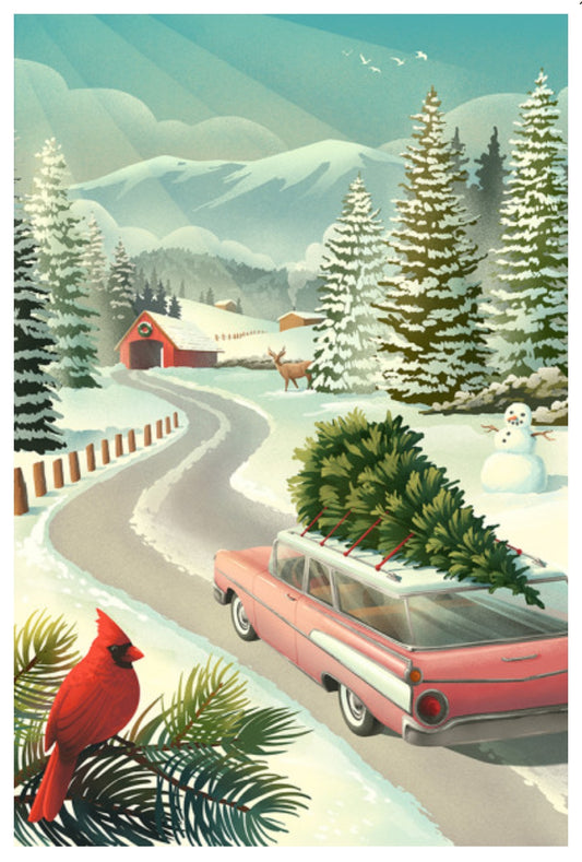 Holiday Tradition Postcard by Lantern Press featuring Vintage-style illustration of a pink station wagon with a Christmas tree on a snowy road, featuring a red cardinal and a snowman.