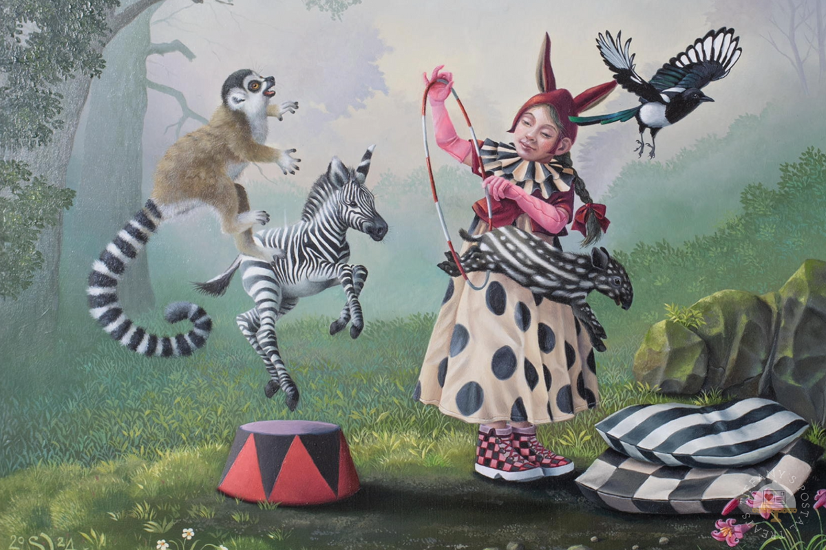 Hoop Up Postcard by Inkognito featuring a whimsical fantasy-style illustration of a girl in a costume holding a hoop, surrounded by animals including a zebra, lemur, magpie, and striped cushions in a misty forest setting.