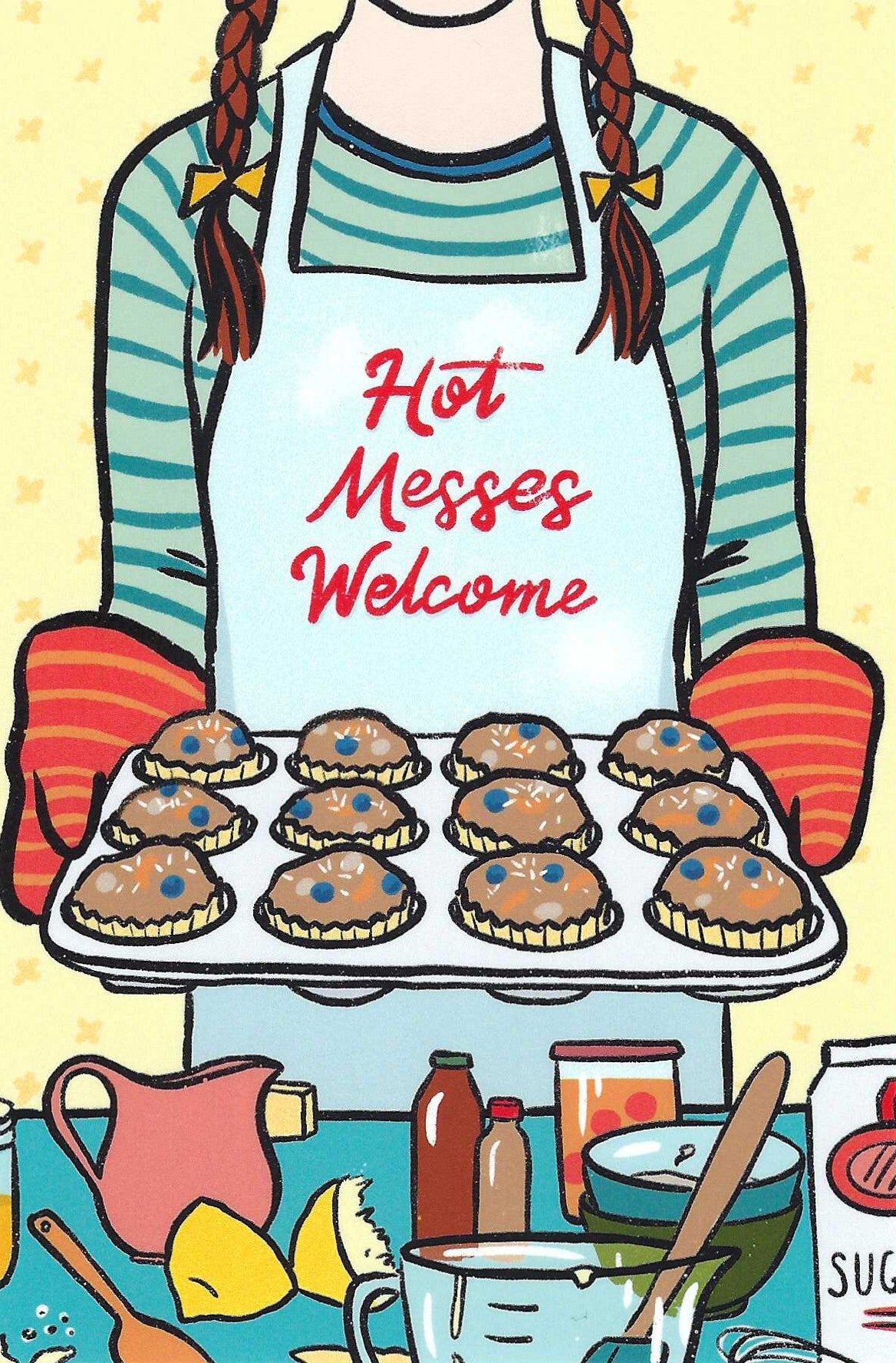 Hot Messes Welcome Postcard by Das Brooklyn featuring a kitchen scene showing a person from the chest down wearing a striped shirt and white apron with the phrase 'Hot Messes Welcome' in red script, holding a tray of muffins. The background is a pale yellow with small star shapes, and cooking items like a mug, pitcher, bottles, and lemons appear at the bottom.