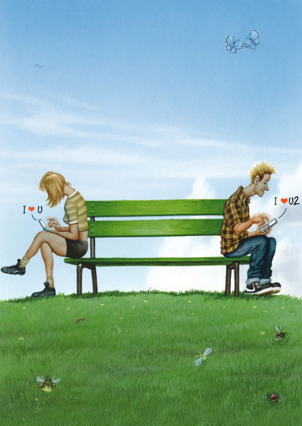 I Love U 2 Postcard by Inkognito featuring an illustration of a green bench on a grassy hill under a blue sky, with two people sitting on opposite ends looking at their phones. One person says 'I <3 U' and the other says 'I <2 U' with small butterflies and insects in the scene.