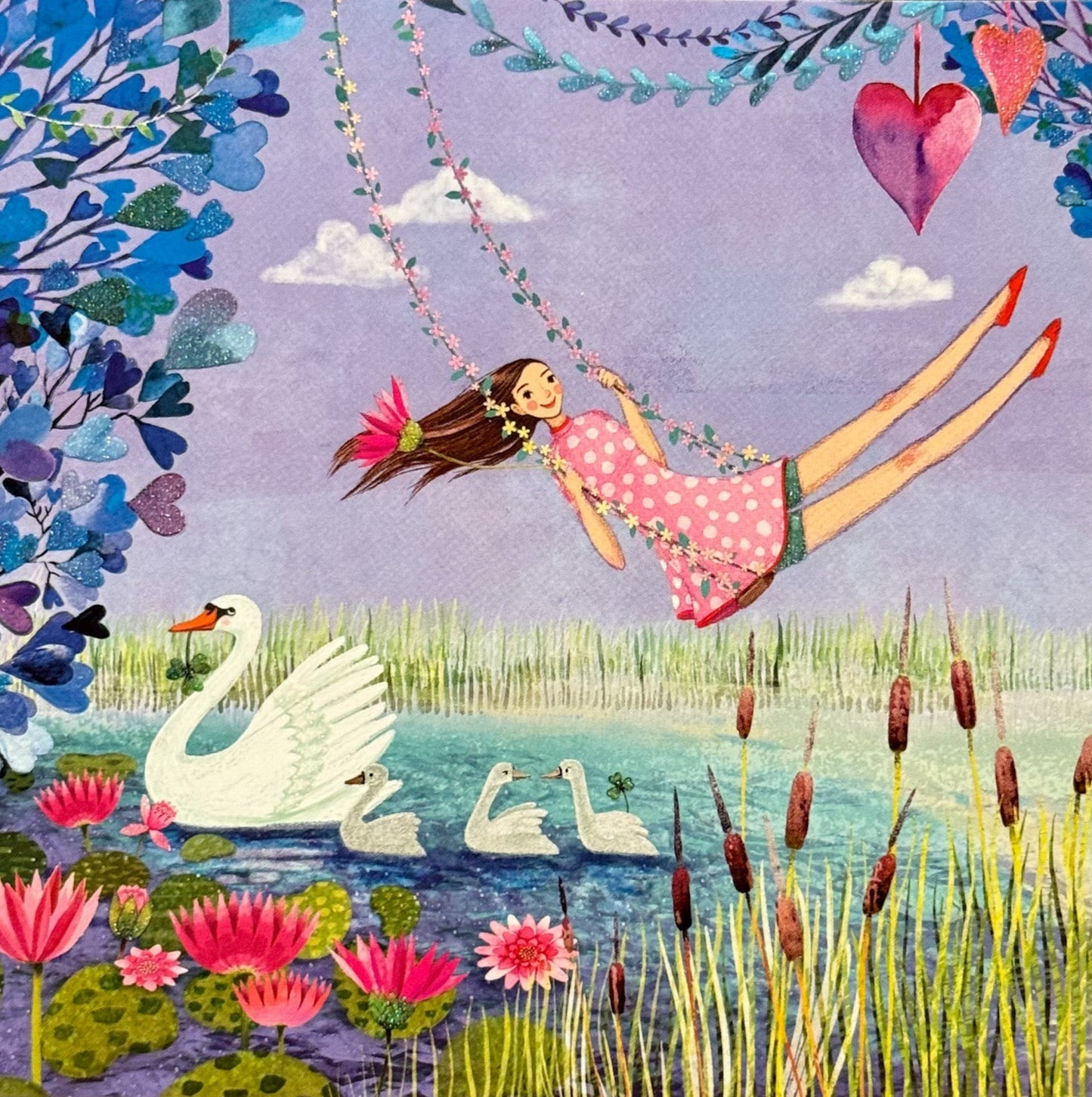 Mila Marquis Postcard - Girl on a Swing - Swans - Pond - Edition Gollong