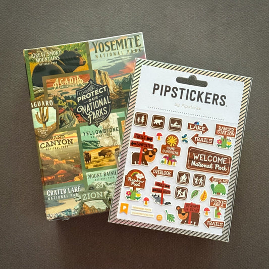 Lantern Press National Park Postcards in a Collectible box and a Pipsticks Pathfinder Posts Sticker sheet.
