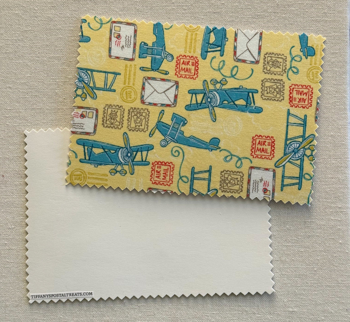 Air Mail Fabric Postcard featuring stamps, mail and airplanes