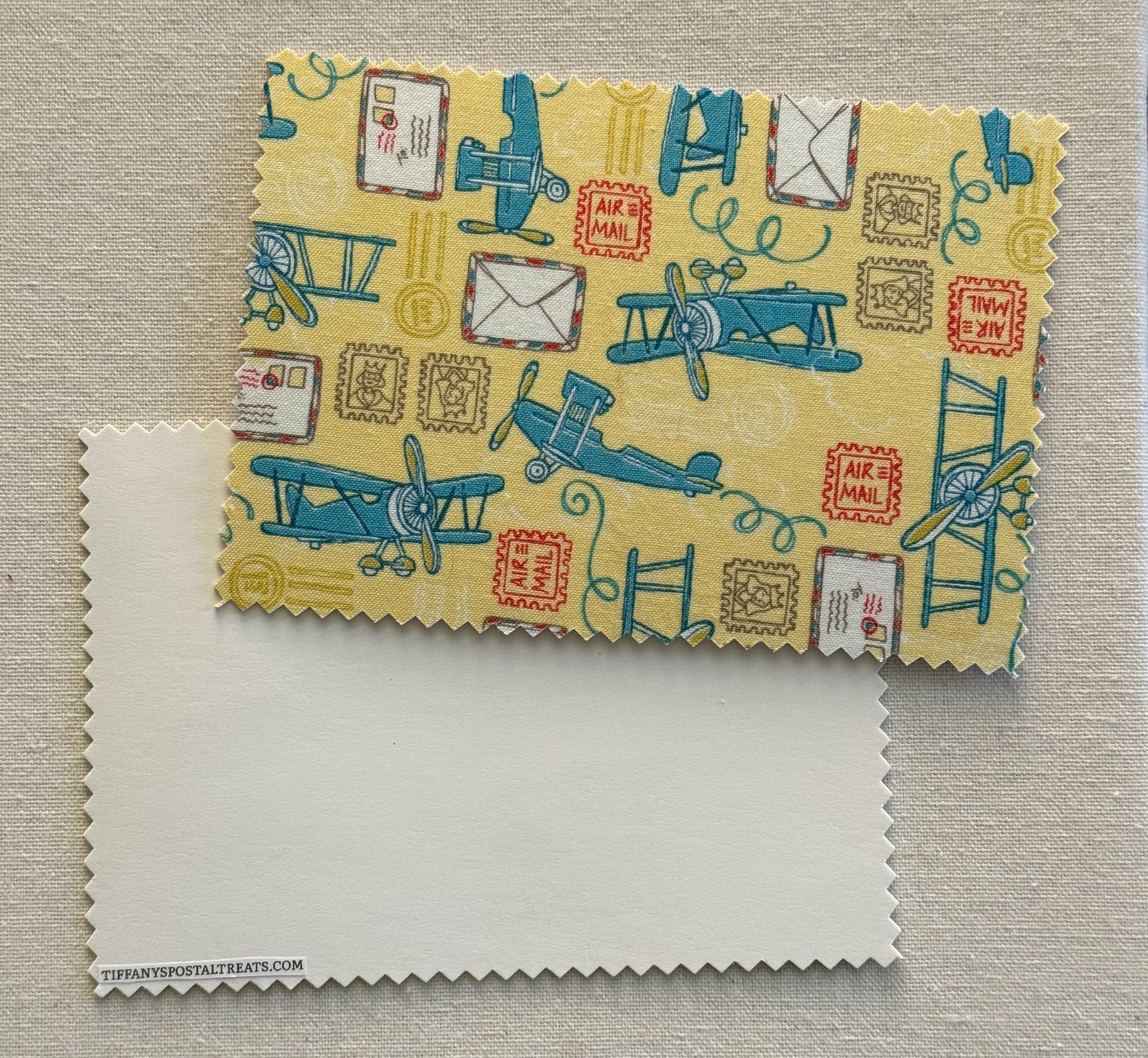 Air Mail Fabric Postcard featuring stamps, mail and airplanes