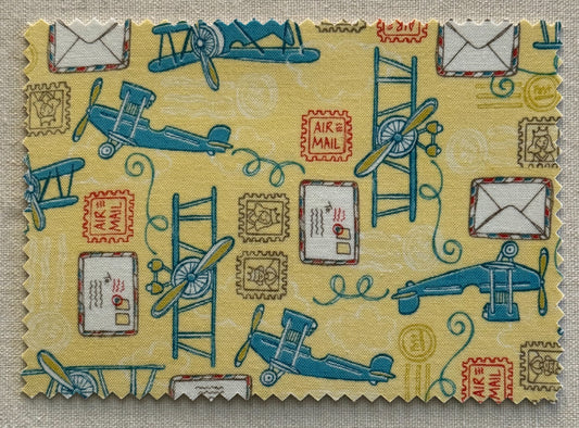 Air Mail Fabric Postcard featuring airplanes, stamps and letters great for Postcrossing