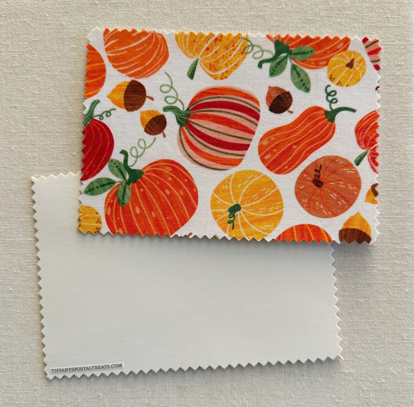 Fall Fabric Postcard with autumn-themed pumpkin pattern on a neutral background