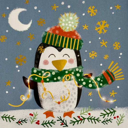 Groupe Editor’s Art of Emotion · D’OR ET DE LUMIÈRE postcard featuring an illustration of a penguin wearing a festive hat and scarf with gold foil snowflakes