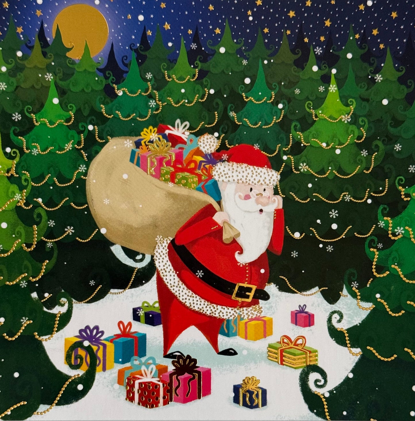 Postcard featuring an illustration of Santa Claus with a sack of gifts in a snowy forest, from the D’OR ET DE LUMIÈRE postcard collection by Editor – Art of Emotion.