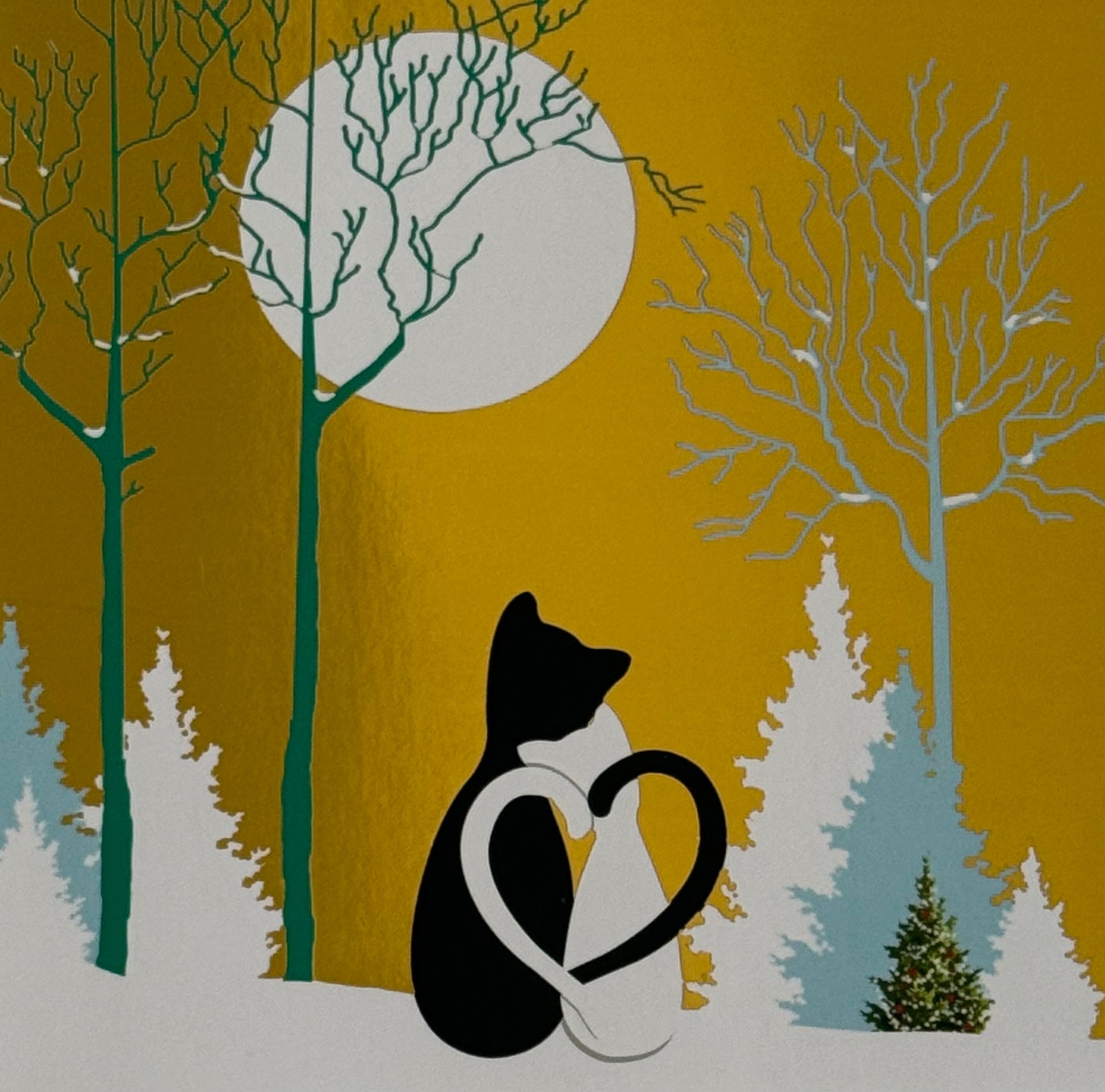 Postcard featuring an illustration of a black cat and white cat sitting together in a forest with trees and a full moon in the sky on a gold foil by Groupe Editor · Art of Emotion · D’OR ET DE LUMIÈRE