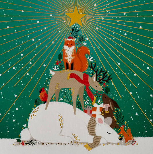 Editor – Art of Emotion postcard featuring an illustration of forest animals creating a Christmas tree with a bright gold foil star