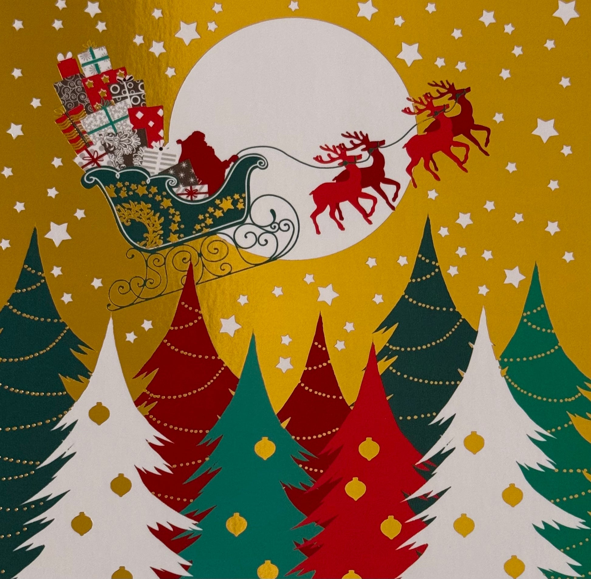  D’OR ET DE LUMIÈRE Christmas postcard by Editor – Art of Emotion featuring a Christmas-themed design with Santa Claus in a sleigh, reindeer, and decorated trees on a gold foil background.