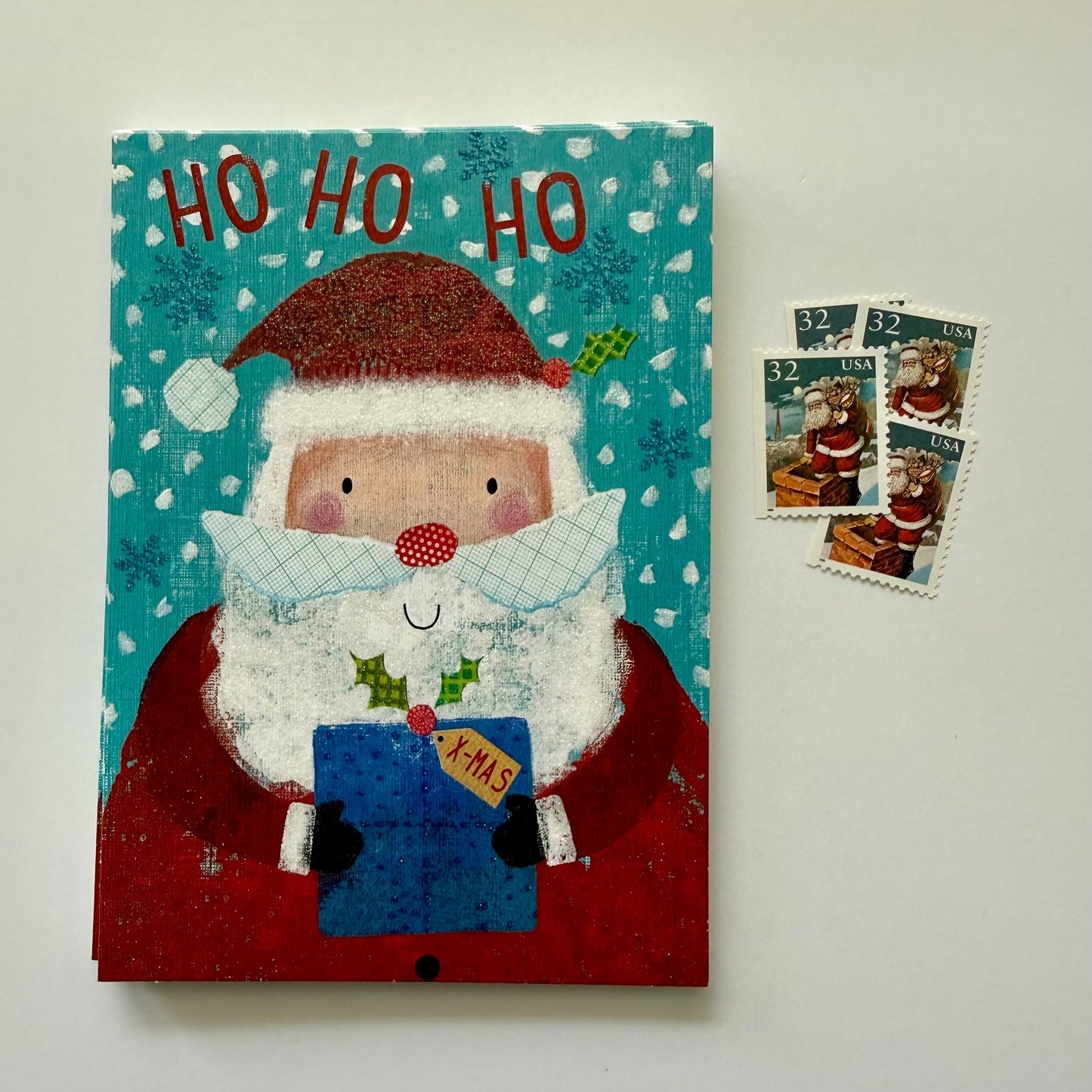 Santa Claus with Presents Postcard by Taurus Kunstkarten with lacquer and glitter details