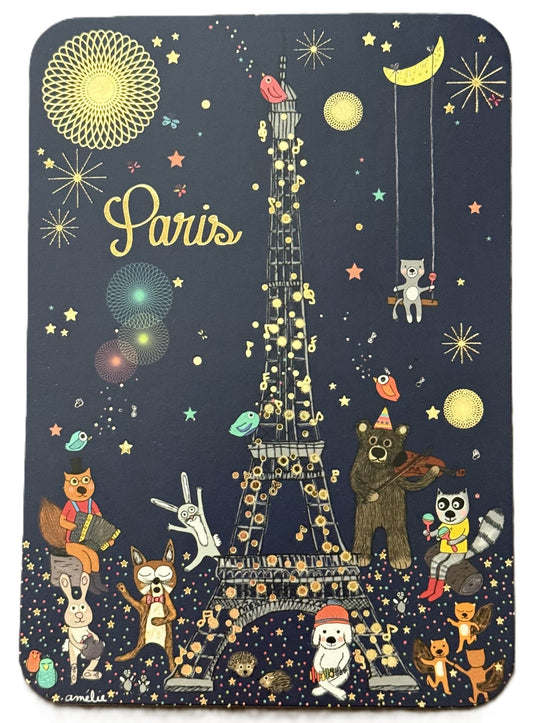 Eiffel Tower Party Postcard by Amélie Biggs Laffaiteur - Cartes d'art featuring an Eiffel Tower and cartoon animals against a starry night sky.