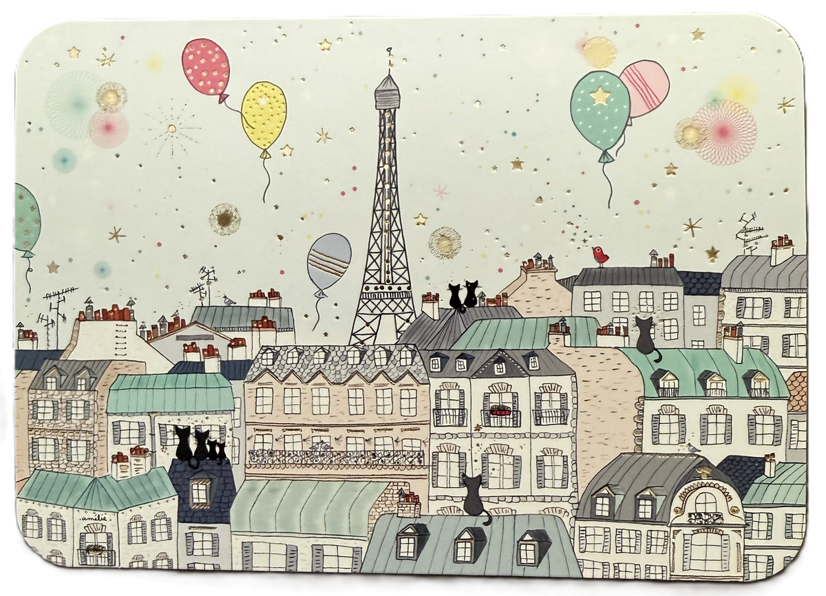 Cartes d'Art Paris Rooftops Postcard by Amélie Laffaiteur Biggs featuring an illustration of a Parisian rooftop scene with the Eiffel Tower, cats and colorful balloons.
